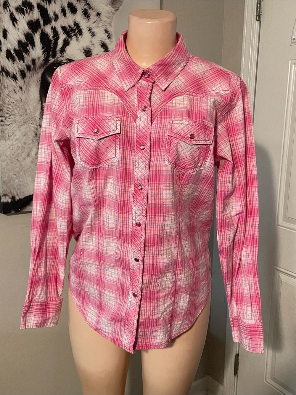 Cumberland Pink Plaid western Barbie snap button cowgirl Shirt collar Large